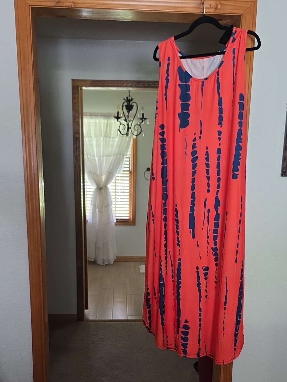 Coral Maxi Dress with Navy Abstract Stripes